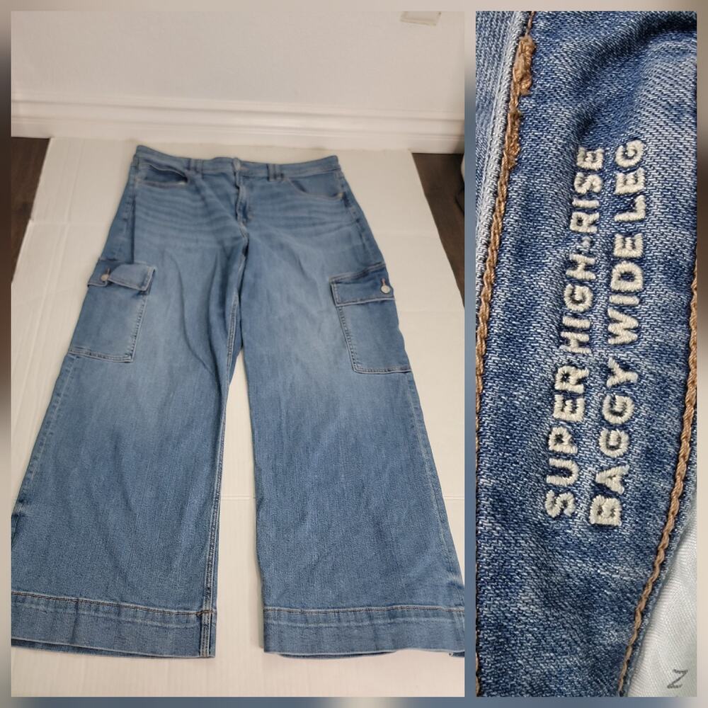 AMERICAN EAGLE Jeans SZ 18 Short Cargo Baggy Wide Leg Super High Rise Stretch